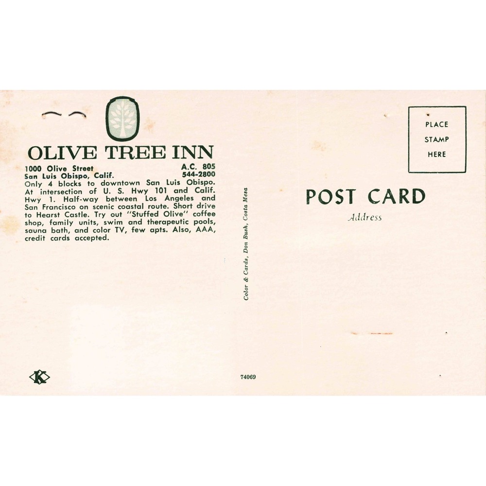 Olive Tree Inn San Luis Obispo CA Chrome Postcard Motel Roadside Americana Unpos - Picture 2 of 2